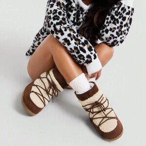 Brown Women's Warm Comfortable Lace-Up Round Toe Ankle Booties